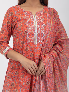 Orange Floral Printed Cotton Kurta Set