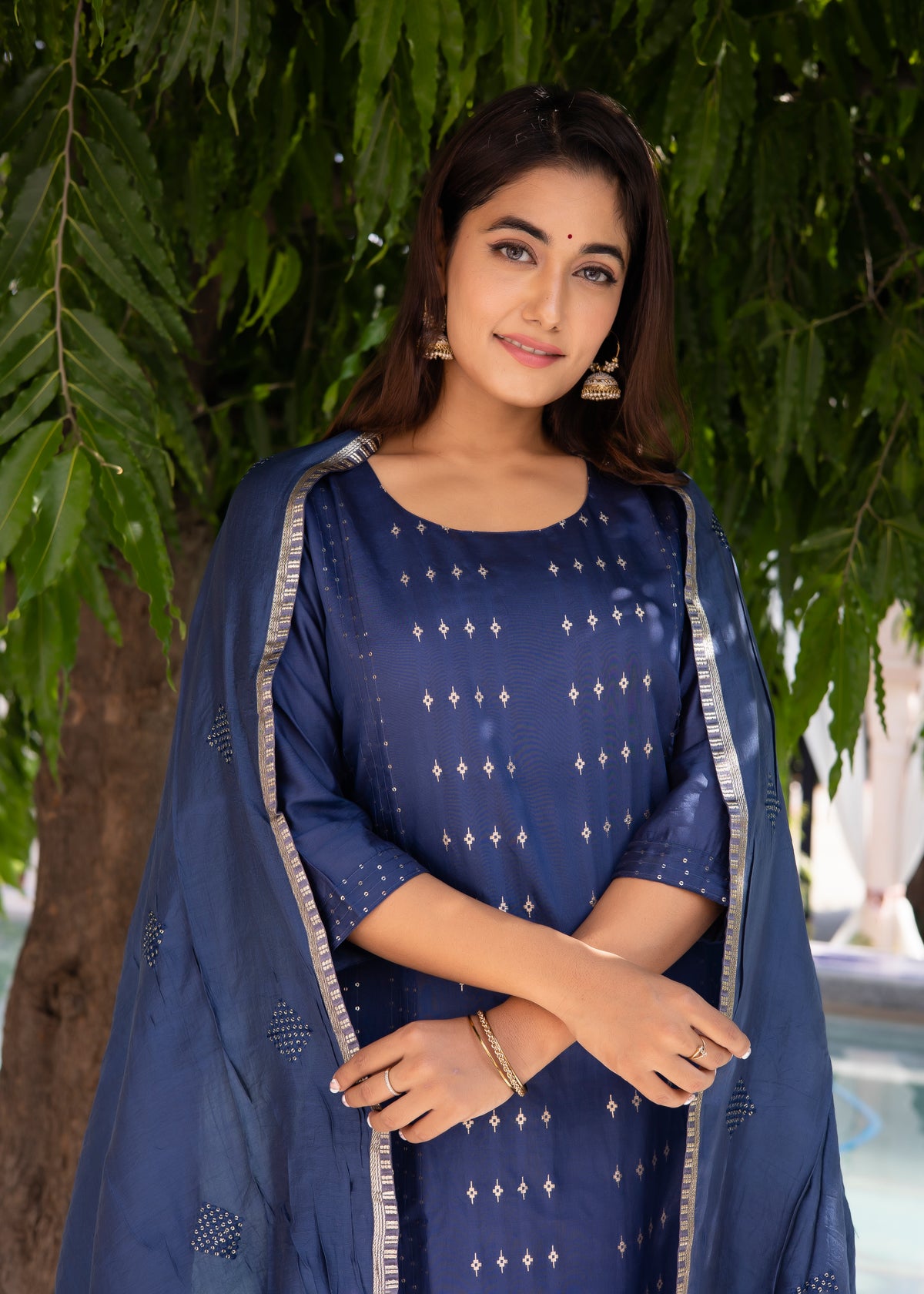 Self Zari Sequined Navy Blue Kurta Set