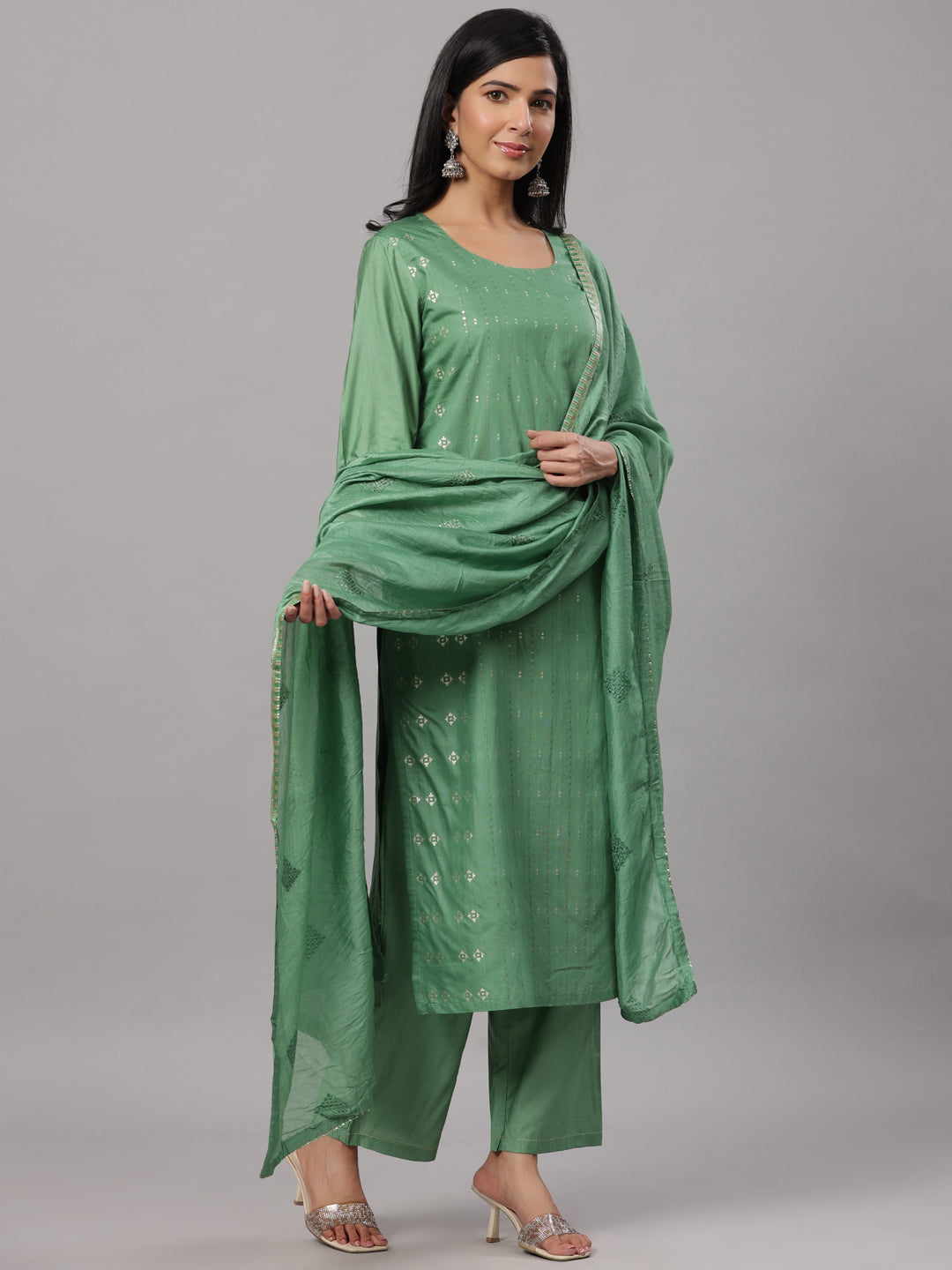Self Zari Sequined Green Kurta Set