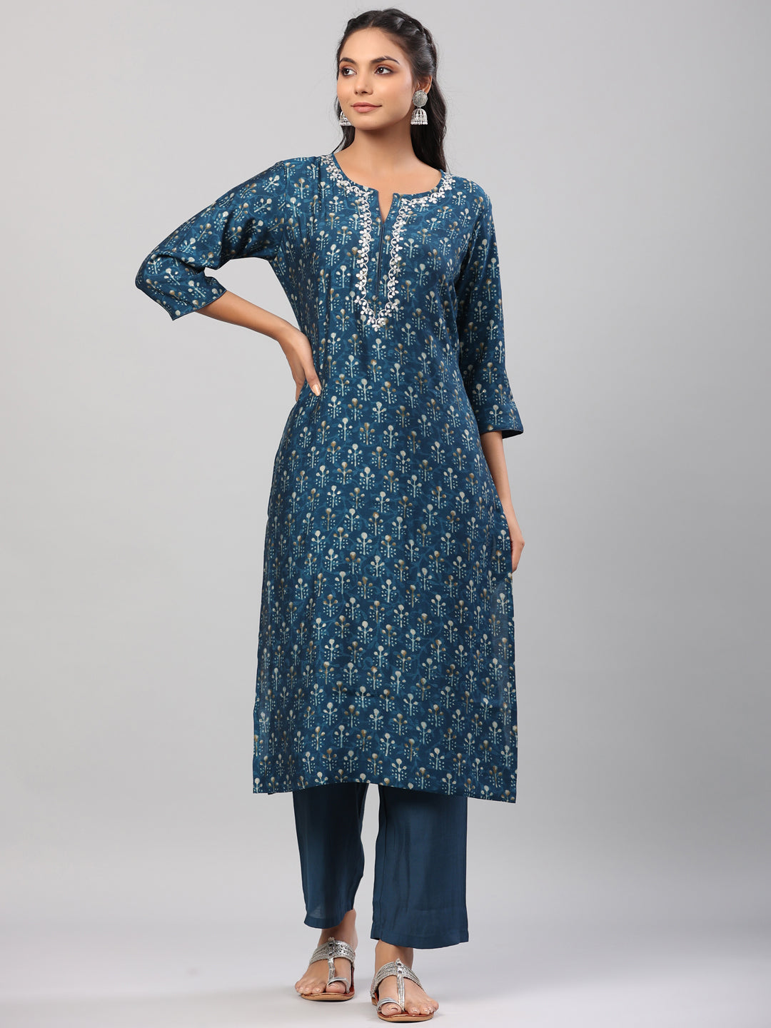 Navy Blue Muslin Pita Zari Work Two Piece Kurta Set