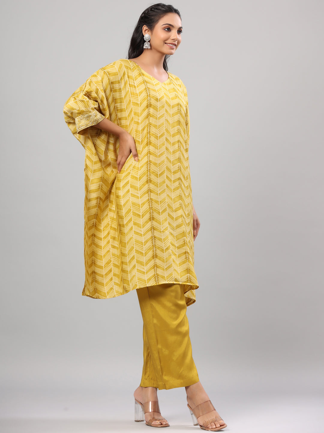 Yellow Silk Blend Printed Kaftaan Kurta Set