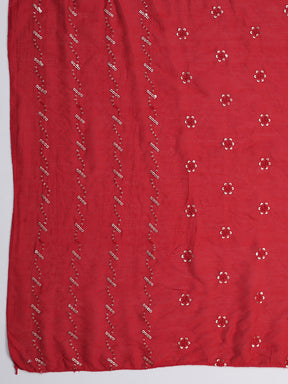 Red Muslin V-Neck Sequinned Kurta Set with Dupatta