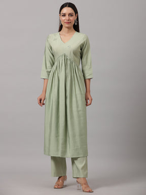 Green V-Neck Gather Kurta Set