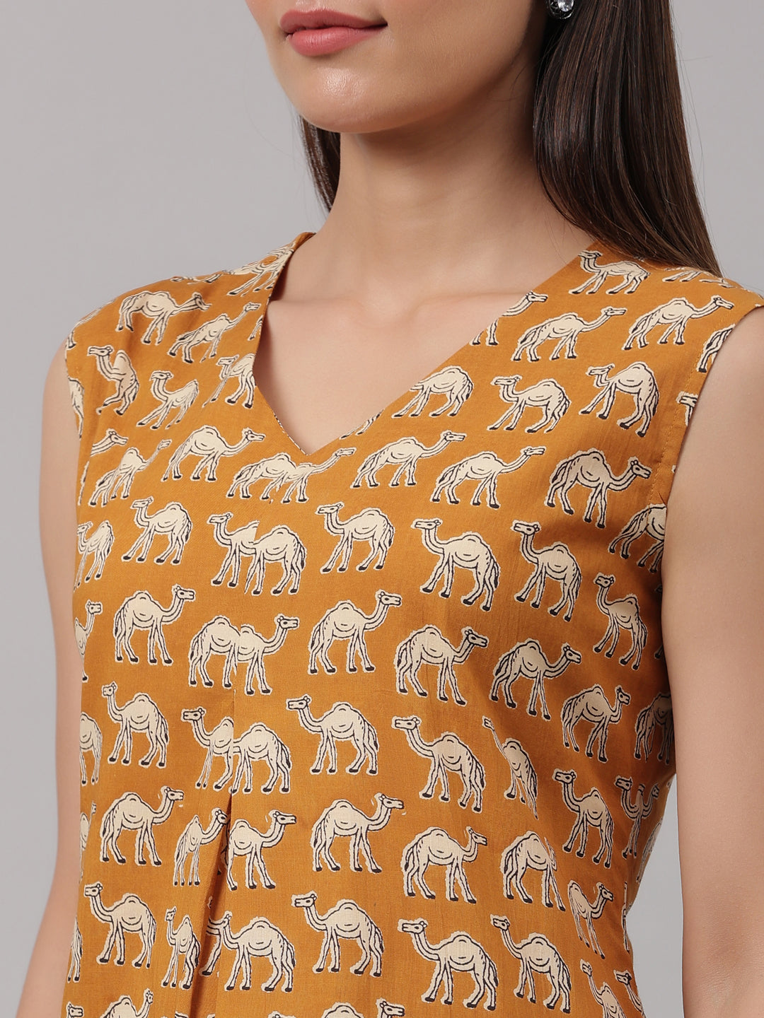 Mustard Camel Printed Cotton Top