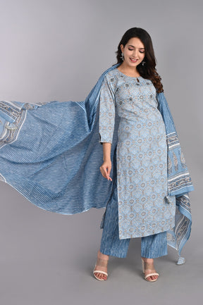 Floral Embroidered Blue Kurta Set with Dupatta