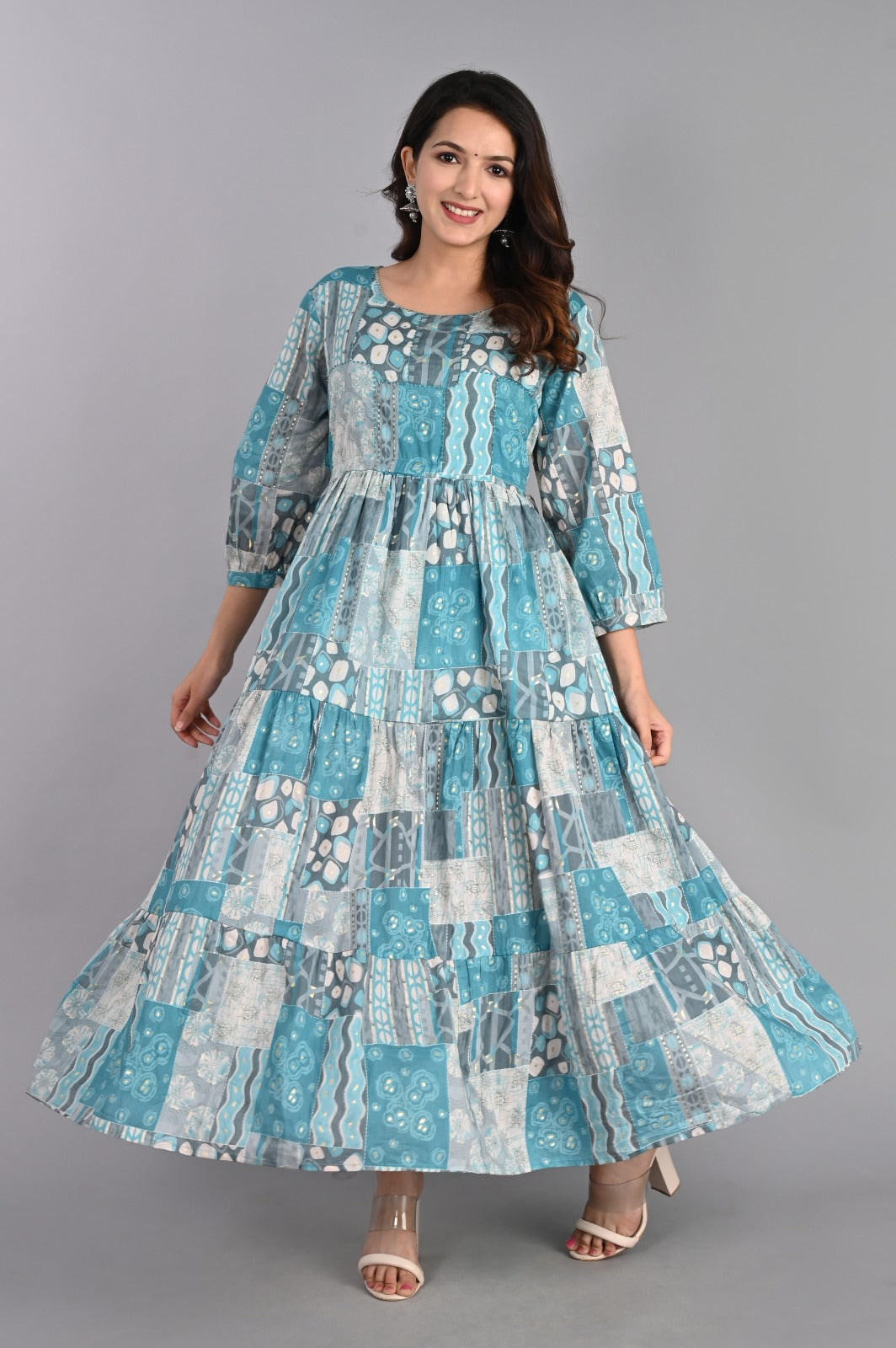 Abstract Print Blue Tiered Dress
