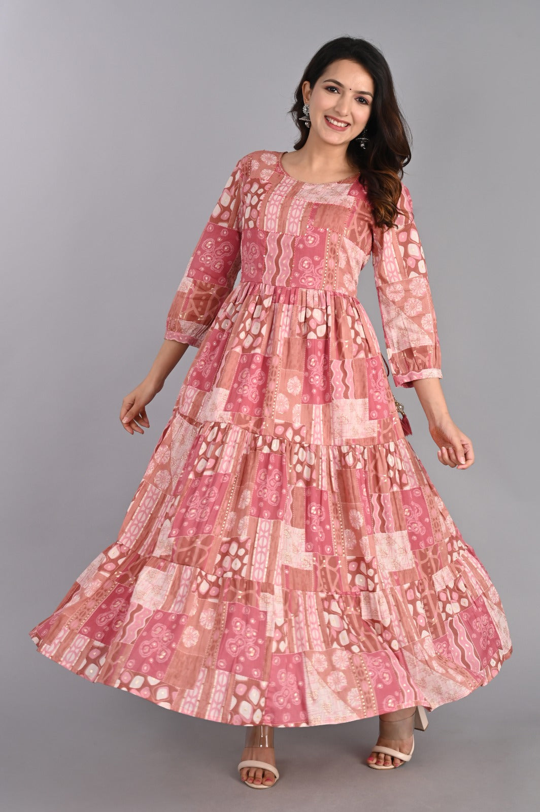 Abstract Print Pink Tiered Dress