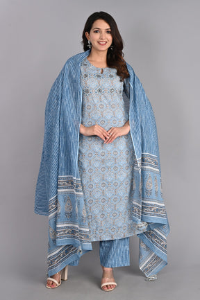 Floral Embroidered Blue Kurta Set with Dupatta