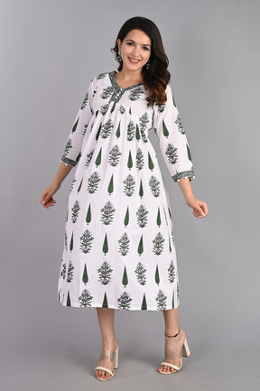 Floral Gathered Green A-Line Dress