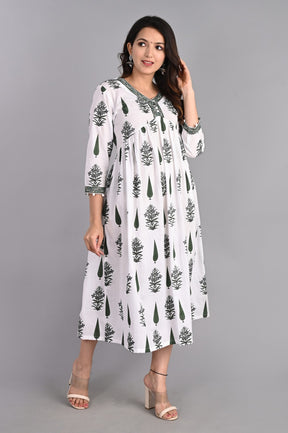 Floral Gathered Green A-Line Dress