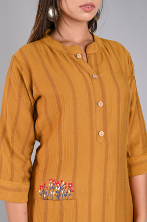Mustard Straight Kurta with Embroidered Pocket