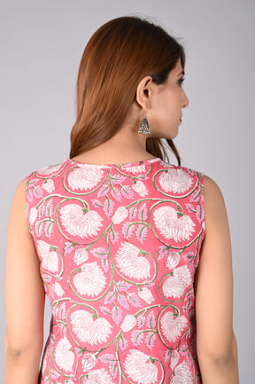 Block Printed Sleeveless Top With Lace Hem