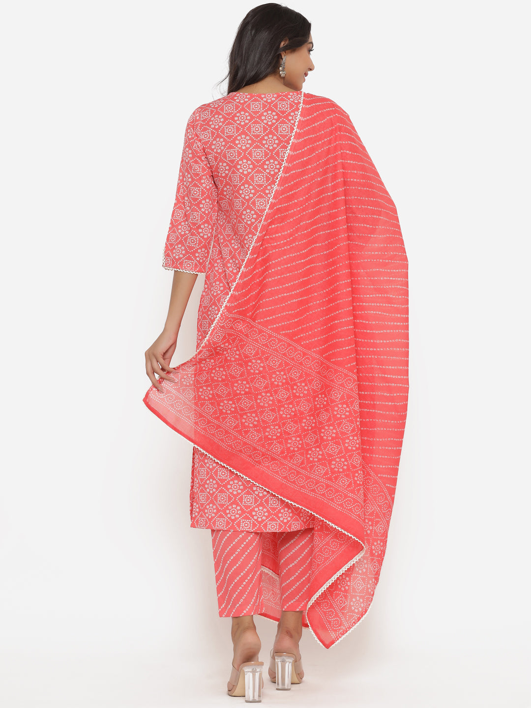 Bandhani Printed Pink Straight Kurta Set With Dupatta