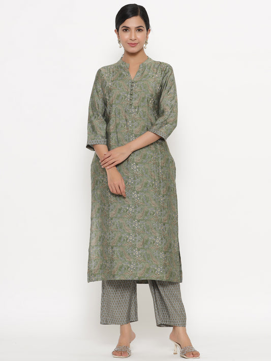 Chinese Collar Green Floral Muslin Kurta Set