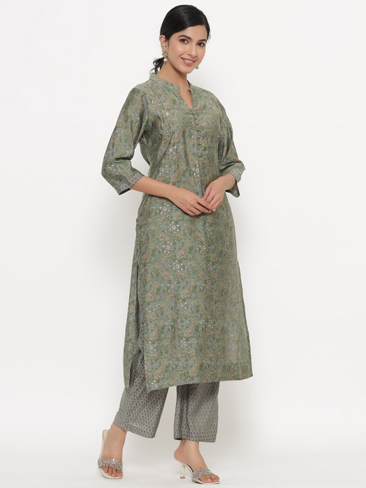 Chinese Collar Green Floral Muslin Kurta Set