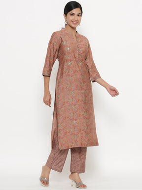 Chinese Collar Pink Floral Muslin Kurta Set