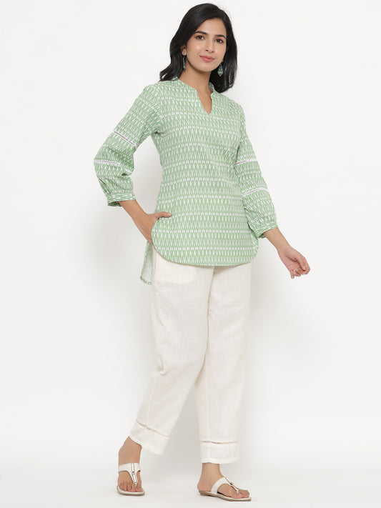 Green Ikkat V-Neck Top