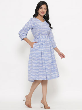 Blue Ikkat Fit and Flare Dress