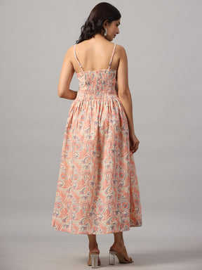 Pink Cotton V-Neck Floral Dress