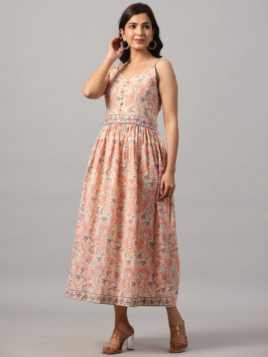 Pink Cotton V-Neck Floral Dress