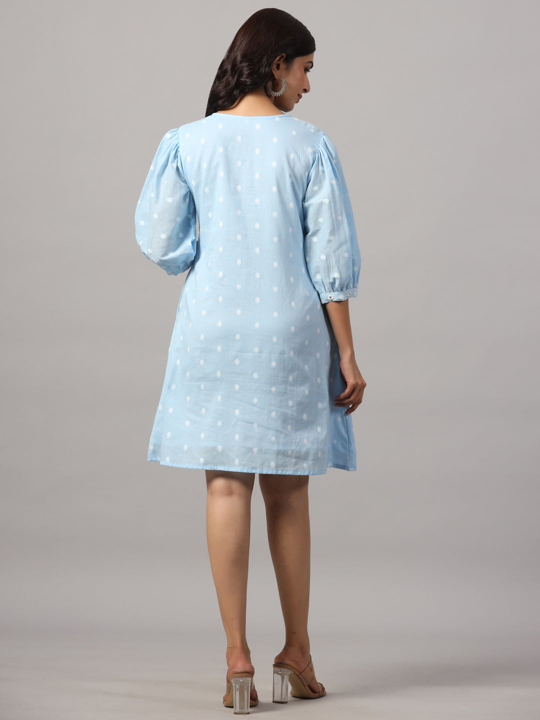 Cotton V Neck Blue Mini Dress