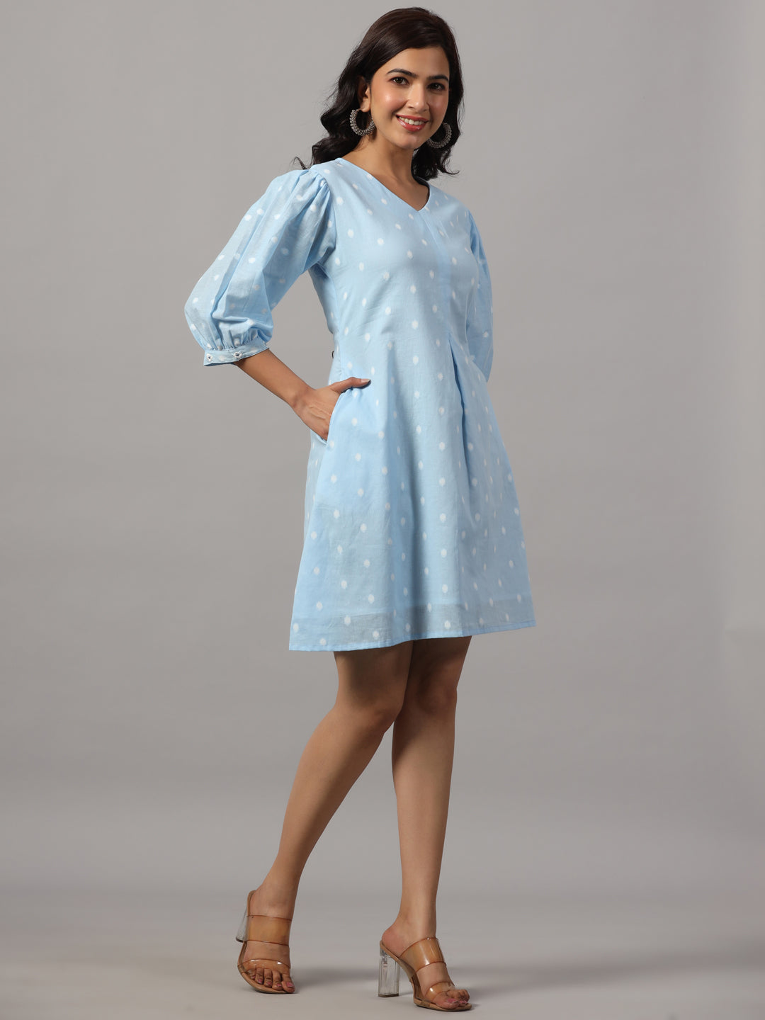 Cotton V Neck Blue Mini Dress