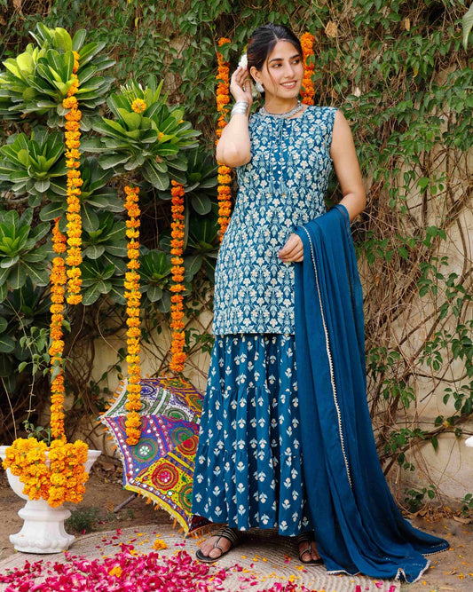 Blue Floral Printed Sharara Set