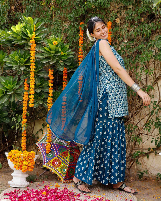 Blue Floral Printed Sharara Set