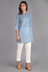 Printed Blue Cotton Short Kurti