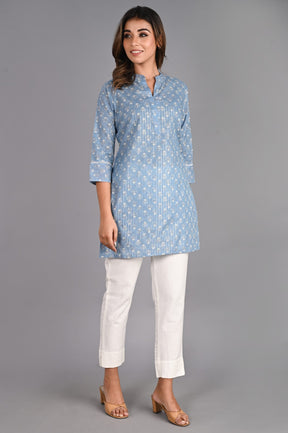 Printed Blue Cotton Short Kurti