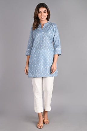 Printed Blue Cotton Short Kurti