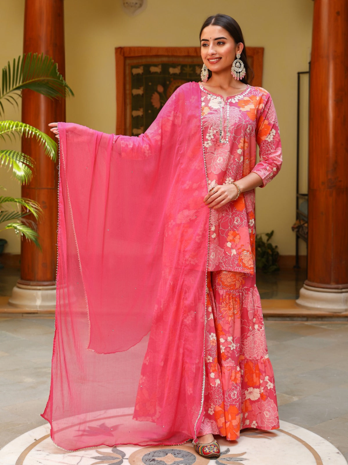 Pink Cotton Sharara with Mirror Work