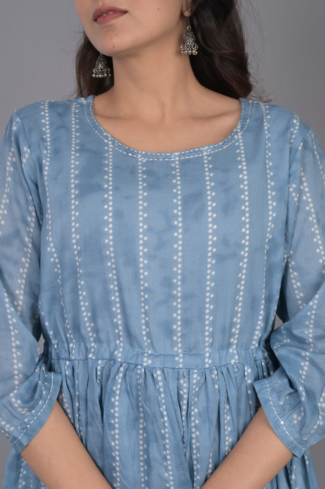 Cotton 3-Tier Blue Flared Dress