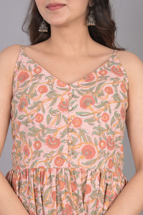 Cotton Printed V-Neck Peach Dress