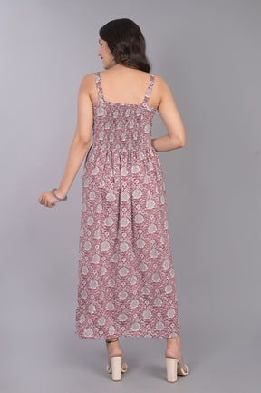 Purple Cotton Printed Dress With Floral Motifs