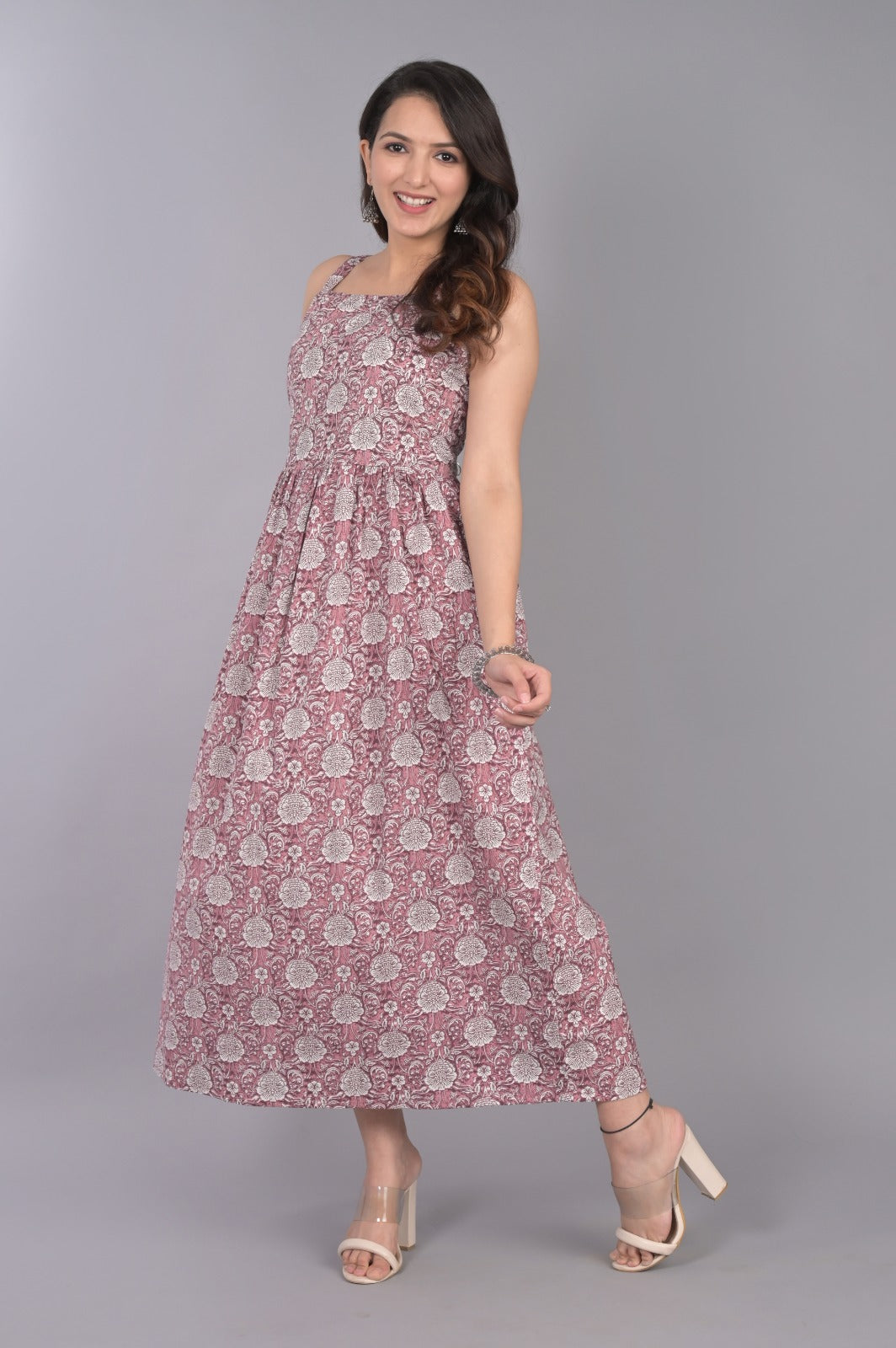 Purple Cotton Printed Dress With Floral Motifs