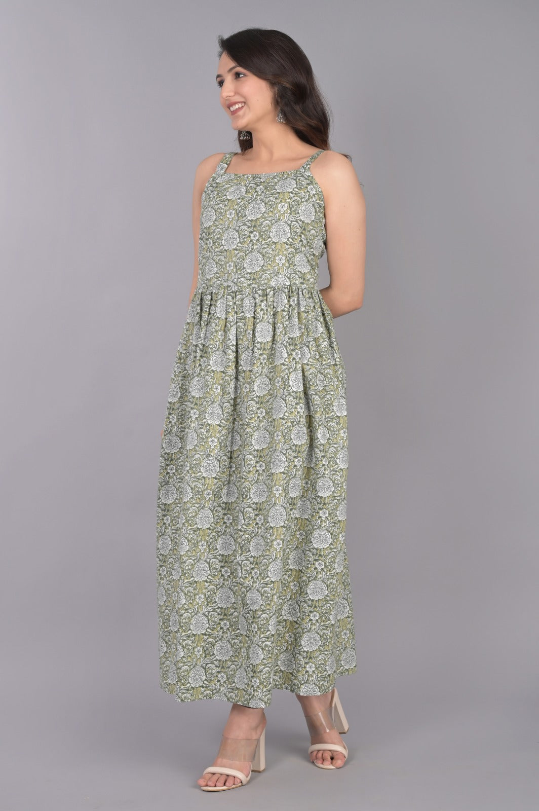 Green Cotton Printed Dress With Floral Motifs