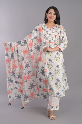 Floral Kurta Set with Peach Dupatta