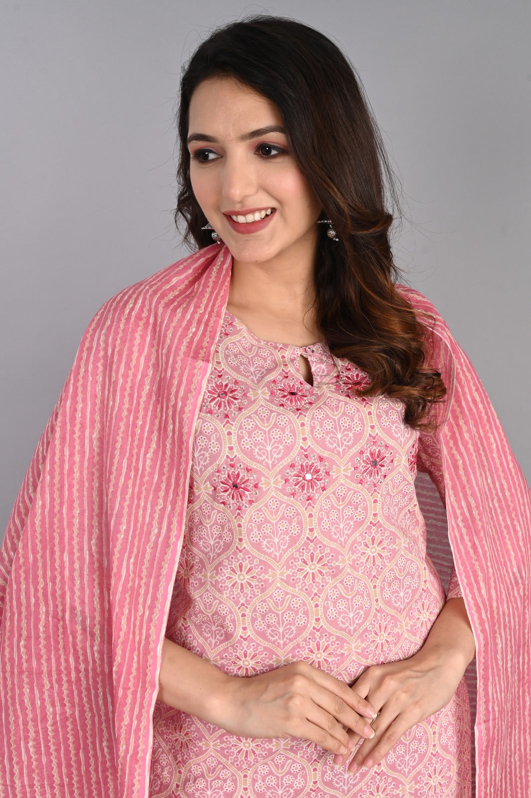 Floral Embroidered Pink Kurta Set with Dupatta